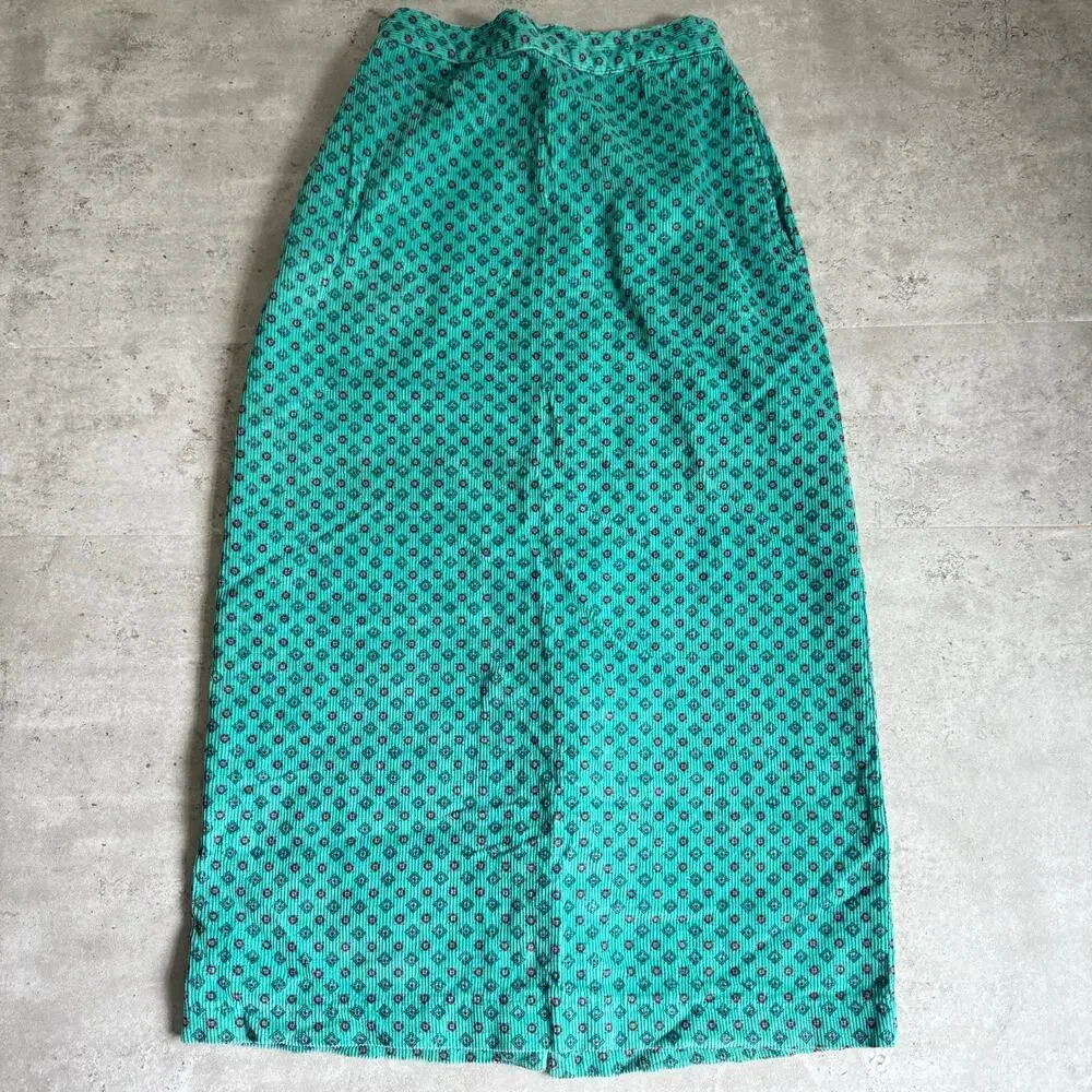 Vintage long, turquoise, geometric-patterned corduroy maxi skirt size 5/6